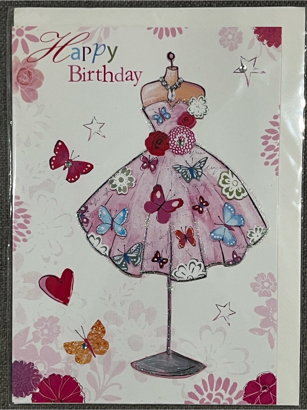 Kids Pink Butterfly Dress Graphic Tee - Happy Birthday card with envelope inside